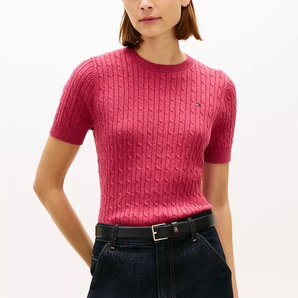 Tommy Hilfiger Pink Cable-Knit Short Sleeve Sweater Top - Picture 9 of 11
